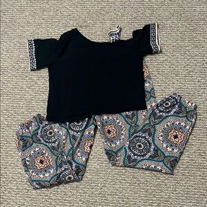 Black Top with Patterned Pants Set